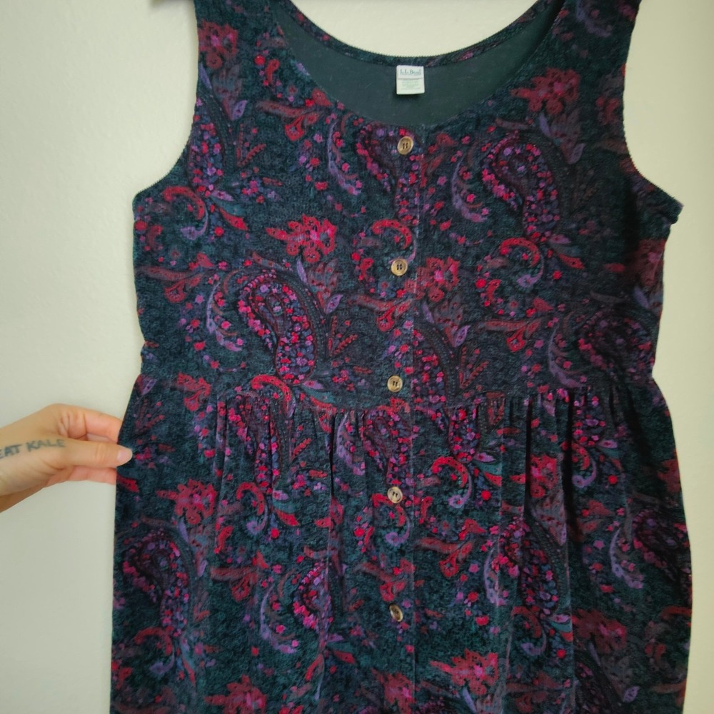 L.L. Bean Paisley Corduroy Pinafore Dress Cottagecore Button Front Vintage USA - Picture 2 of 9